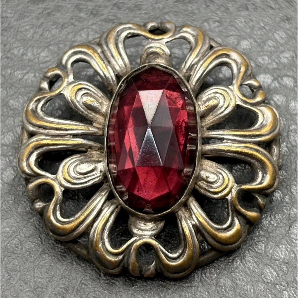 Antique Victorian Era Filigree Brooch Red Faux Garnet Faceted Stone C Clasp